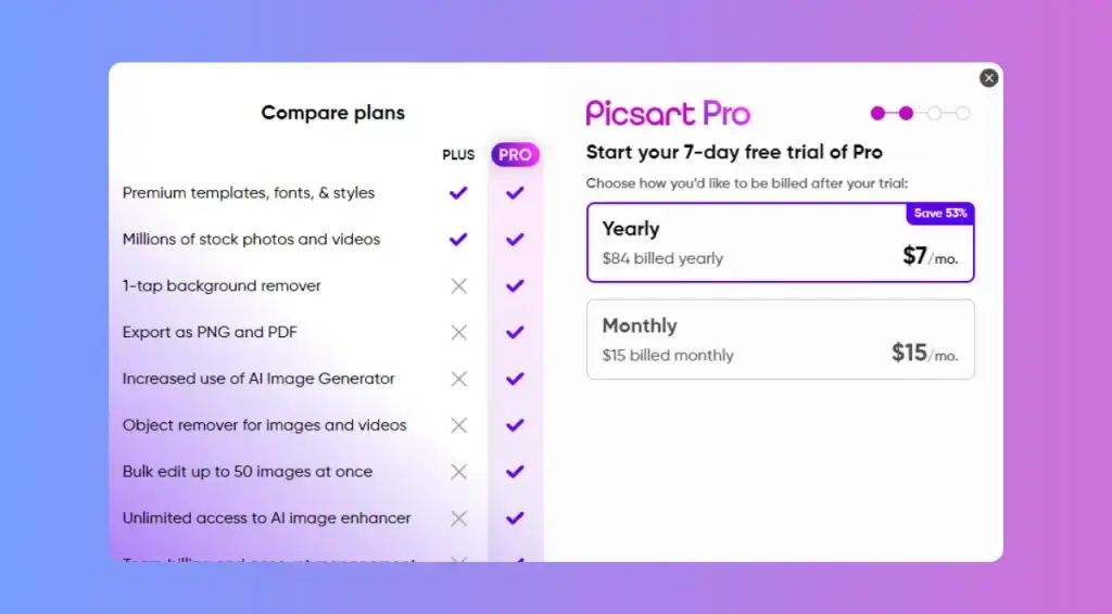 PicsArt offers free trials for seven days in every premium plan so you can enjoy gold features.